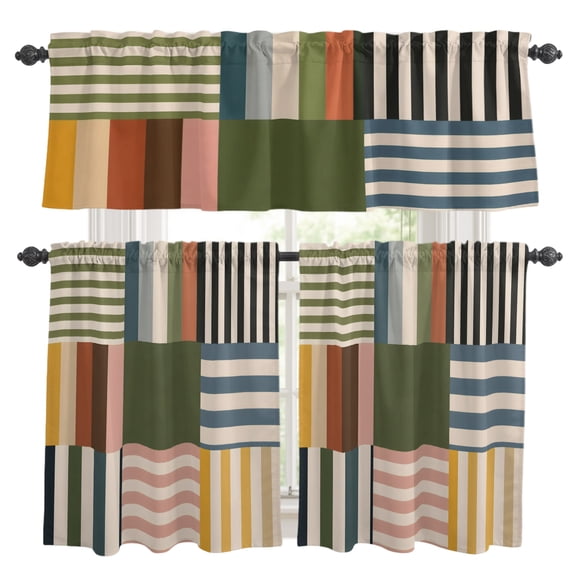 Patchwork Stripes Kitchen Curtains Valances 3 Piece Set, Retro Minimalist Green Pink Blue Color Blocks Rod Pocket Tier Curtain and Valance Drapes for Small Window 24 Inch Length for Bedroom Cafe