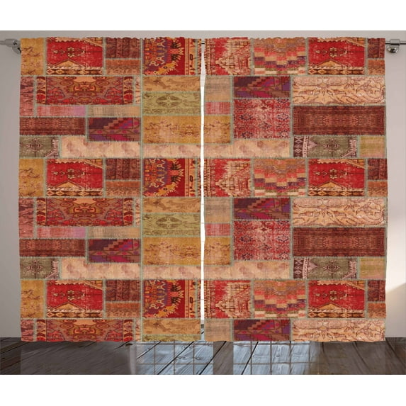 Patchwork Style Antique Oriental Design Vintage Decor Print Curtain 2 Panel Set