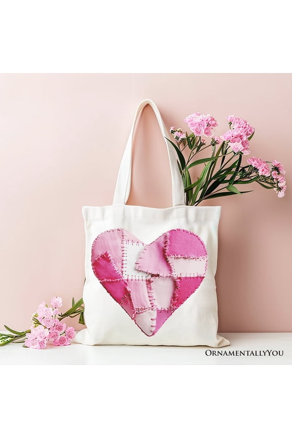 Patchwork-Style Pink Heart Canvas Tote Bag, Vintage Valentine Coquette Love Printed Gift Bag