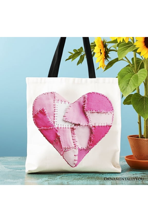 Patchwork-Style Pink Heart Canvas Tote Bag, Vintage Valentine Coquette Love Printed Gift Bag