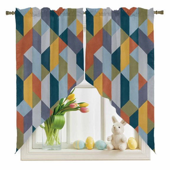 Patchwork Swag Kitchen Curtain Valances, Colorful Geometric Abstract Three Dimensional Cube Rod Pocket Curtains Window Treatment Decor Valances for Bedroom Bathroom, 2 Panels 36 x 63 Inch