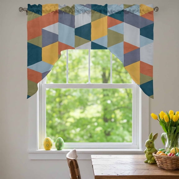 Patchwork Swag Valances for Kitchen Window, Colorful Geometric Abstract Three Dimensional Cube Small Swag Valances Rod Pocket Curtain Drapes Window Treatment for Bedroom Bathroom, 56x36 Inch