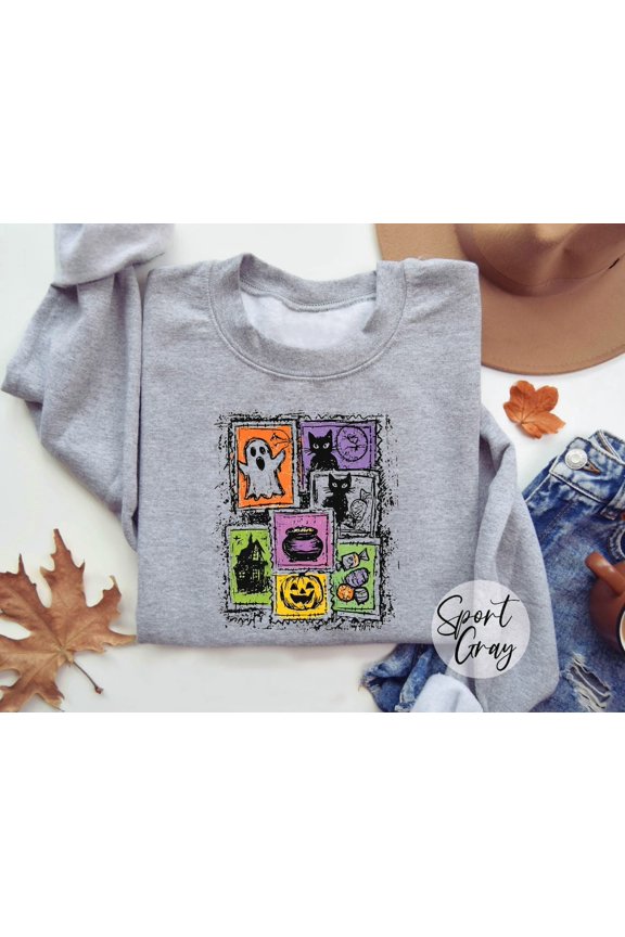 Patchwork Sweatshirt Ghost Cat Haunted House Pumpkin Cauldron Spooky Season Vintage Style Graphic All Size S-5Xl