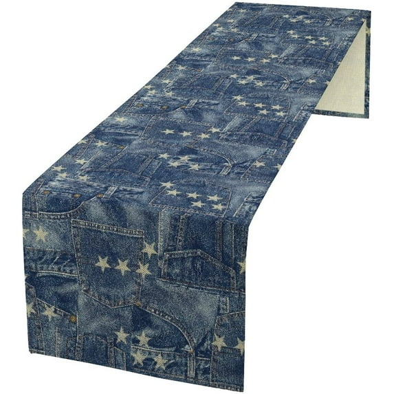Patchwork Table Runner, Vintage Romance Jeans Pentagram Splicing Print Table Runner for Kitchen Dining Picnic Coffee Home 13.8x71in