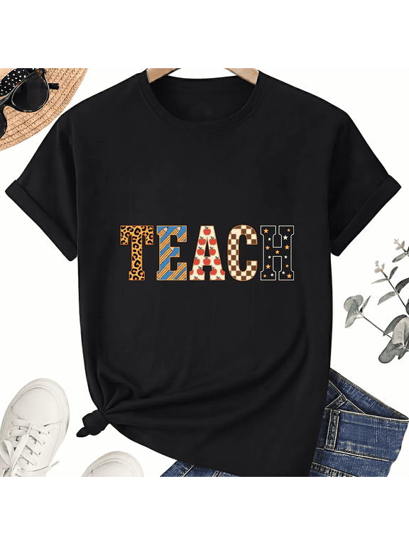 Patchwork Teach Teacher T-Shirt for Women, 100% Cotton Crew Neck Short Sleeve Shirt, Colorful Letter Graphic