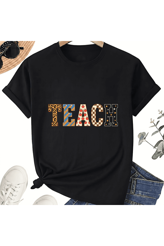 Patchwork Teach Teacher T-Shirt for Women, 100% Cotton Crew Neck Short Sleeve Shirt, Colorful Letter Graphic