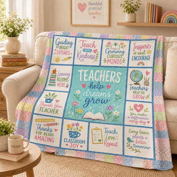 Patchwork Teacher Throw Blanket with Inspirational Classroom Quotes, Floral Quilt Style Flannel Blanket, Thank You Teacher Gift for Sofa Bed, 30 x 40 in