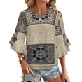 thumbnail image 1 of Patchwork Textile Blue Beige Design Women's V-Neck Blouse With 3/4 Ruffled Bell Sleeves Casual Top Ladies Blouses, 1 of 7