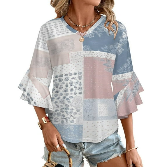 Patchwork Textile Design Blue Pink Women's V-Neck Blouse With 3/4 Ruffled Bell Sleeves Casual Top Ladies Blouses