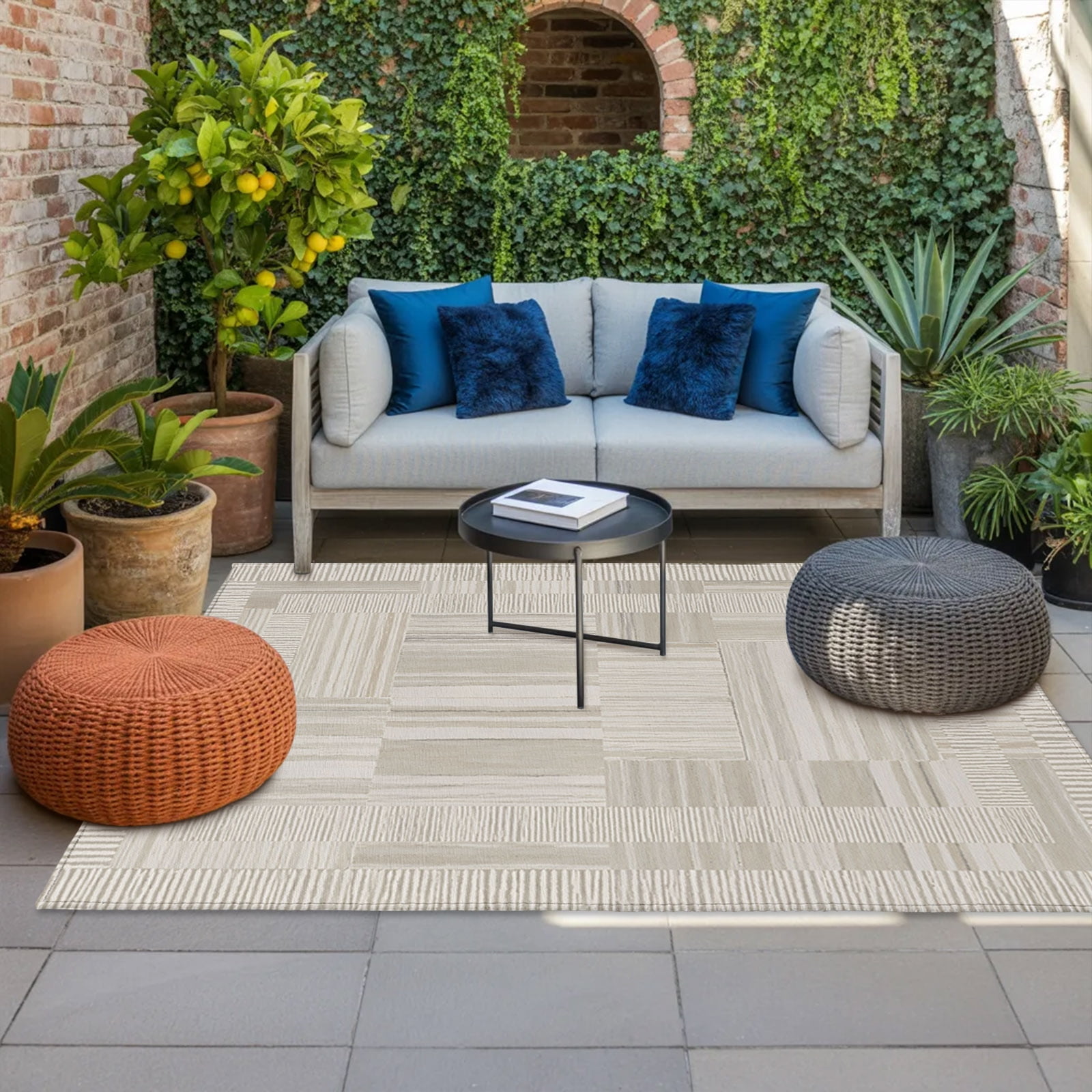 Textured Light Rug Patchwork Textured Outdoor Rug, Warm Sand Grid Squares Wood Grain Non ...