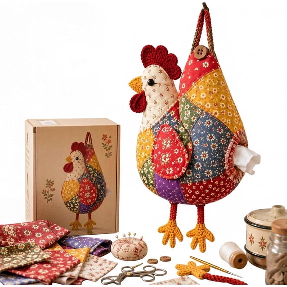 Patchwork Tissue Box Cover Kit, DIY Sewing Animal Tissue Holder, Retro Quilted Farmhouse Tissue Organizer, Craft Kit for Adults Home Decor(Chicken)Q