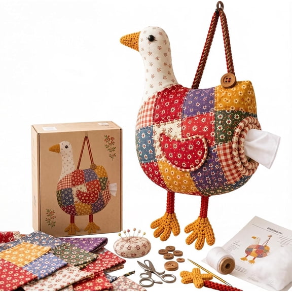 Patchwork Tissue Box Cover Kit, DIY Sewing Animal Tissue Holder, Retro Quilted Farmhouse Tissue Organizer, Craft Kit for Adults Home Decor(Goose)Q