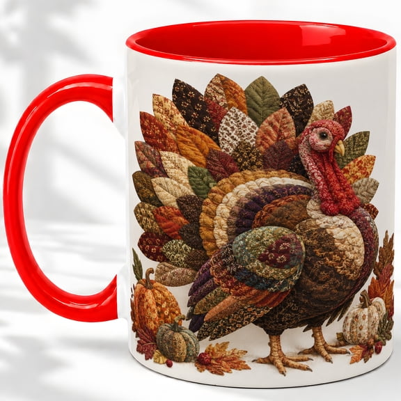 Patchwork Turkey Ceramic Mug, 11oz Mug with Quilted Fall Artwork Ceramic mug with patchwork turkey, quilted feathers, pumpkins, and autumn leaves for coffee or tea
