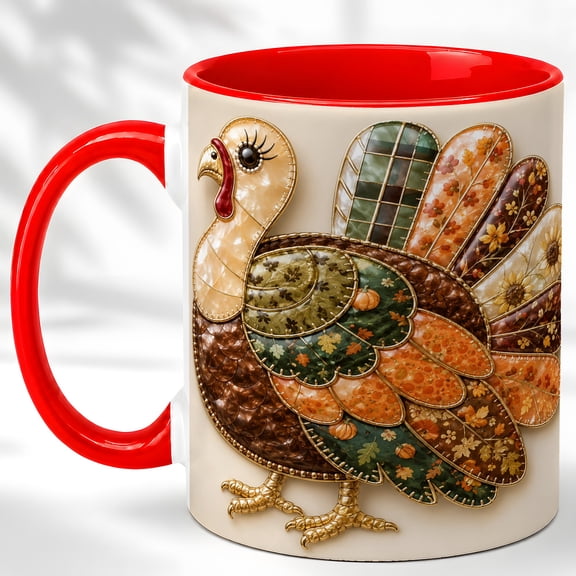 Patchwork Turkey Coffee Mug, Harvest Floral Turkey Mug, Ceramic Cup
