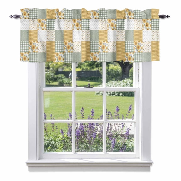 Patchwork Valances for Windows, Rustic Floral Yellow Sunflowers Green Gingham Stripe Valance Window Treatment Rod Pocket Short Curtains Valances for Kitchen Bathroom 42"W x 12"L