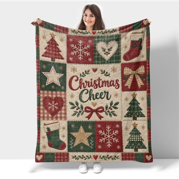 Patchwork Vintage Christmas Flannel Throw Blanket, Tree Star Stocking Winter Holiday Soft Xmas Blanket 60X50IN