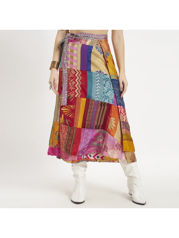 Patchwork Vintage Sari Silk Long Wrap Skirt
