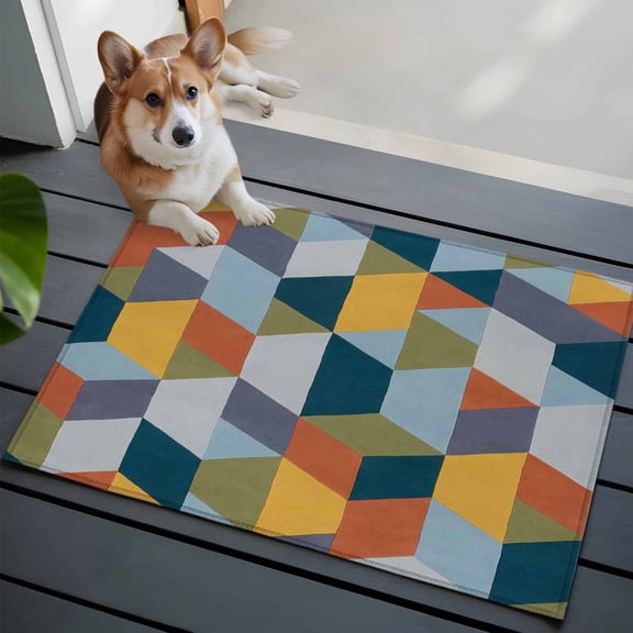 Patchwork Washable Entry Rug 2x3 Colorful Geometric Abstract Three Dimensional Cube Low Pile Indoor Door Mat with Rubber Backing Thin Area Rug for for Entrance, Bedroom, Kitchen, Laundry, Bathroom
