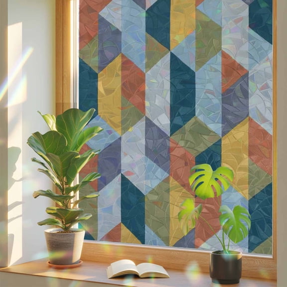 Patchwork Window Privacy Film, Colorful Geometric Abstract Three Dimensional Cube Stained Glass Rainbow Film Decorative Window Clings, Static Cling Sun Blocking Stickers 23.6" x 59"