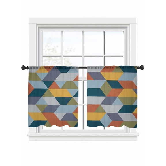 Patchwork Window Sheer Curtain Colorful Geometric Abstract Three Dimensional Cube Semi Curtain Sheers Light Filtering Rod Pocket Voile Drapes for Bedroom Kitchen Living Room 52 X 54 Inch, 2 Panels