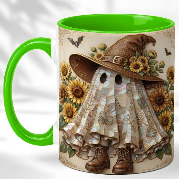 Patchwork Witch Ghost Coffee Mug, Sunflower Fall Mug, Ceramic 11 oz