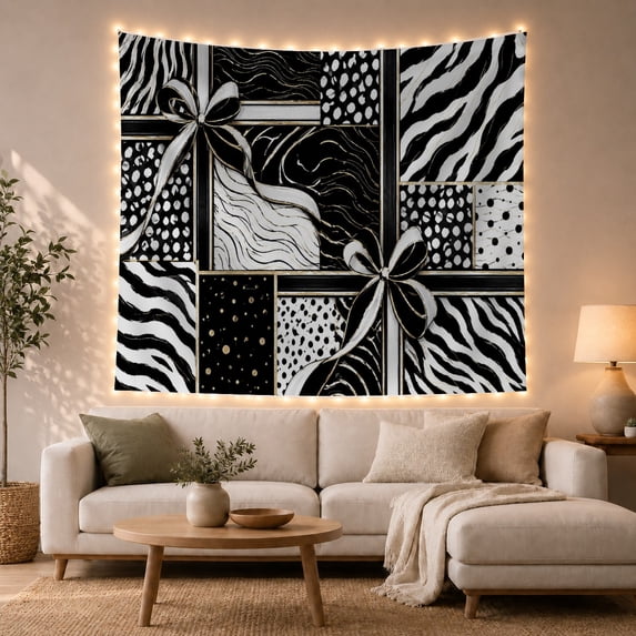 Patchwork Zebra Stripe and Bow Motif Art on Black Background, Dramatic Abstract for Animal Lovers, Graphic Square Patchwork Decor, Birthday Gift Tapestry Wall Hanging for Bedroom and Living Room