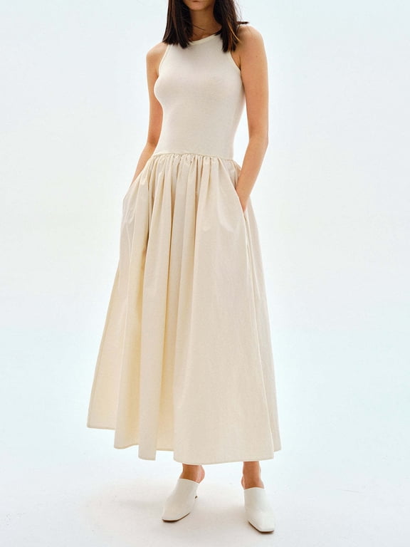 Patchwork long sleeveless summer dress, slim fit, full skirt, elegant long dress