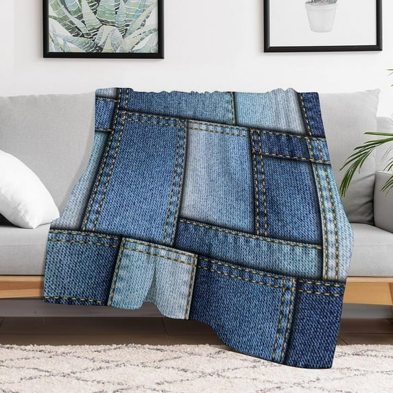 Patchwork of Denim Fleece Blanket Art Lightweight Cozy Warm Throw Blanket for Couch Sofa Bed for Adults Kids Teens Gift 50"x60"
