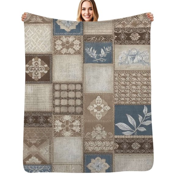 Patchwork textile design neutral tones Soft Blanket Travel Bedding Throws Flannel Bedspread Sofa Bed Cover