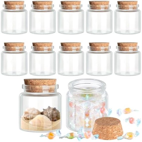 Patelai 12 Pcs Small Glass Jars with Cork Lids, Mini Potion Bottles Bulk Tiny Wishing Vial Spell Jars for DIY Art Crafts Gift Valentine Wedding Birthday Party Favors Decorations (50 ml)