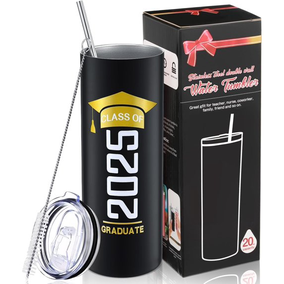 Patelai Class of 2025 Graduate Travel Mug for Her Him, Inspirational Graduation Gifts for College High School Student, 20 oz Insulated Water Tumbler with Straw Lid Brush(Black and Gold)