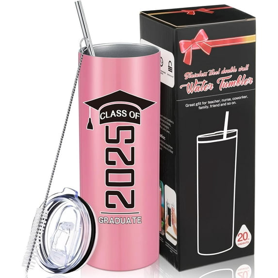 Patelai Class of 2025 Graduate Travel Mug for Her Him, Inspirational Graduation Gifts for College High School Student, 20 oz Insulated Water Tumbler with Straw Lid Brush (Pink)
