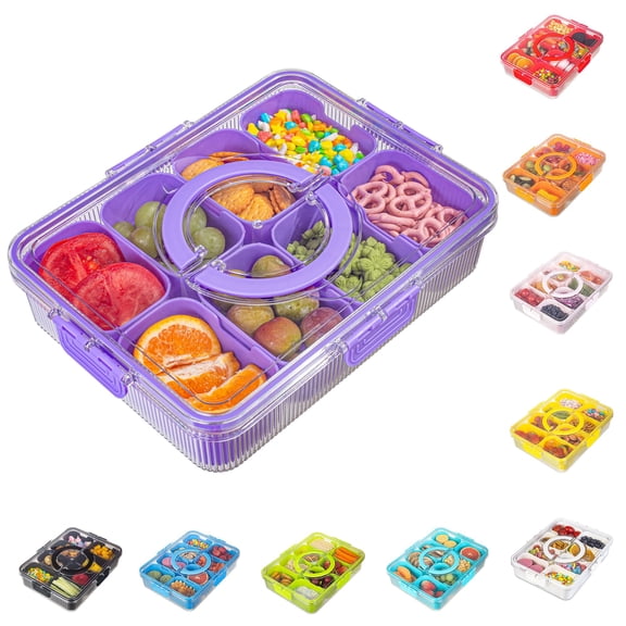 Patent Design Ribbed Snackle Box Container Snack Container Divided Serving Tray with Lid and Handle, 8 Divider Portable Snacklebox for Travel Beach for Charcuterie Veggie Fruit Candy,1 Pack