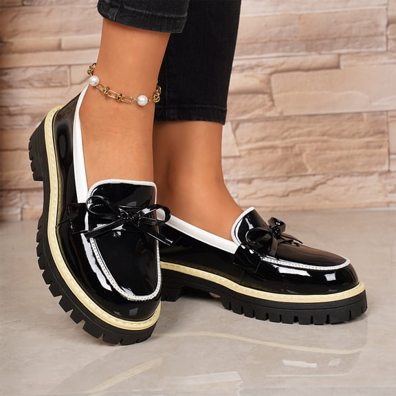 Patent Leather Bow Loafers, Womens Platform Bow Loafers Fashion Patent Leather Comfort Round Toe Slip On Lug-Sole Chunky Heel Penny Loafers Daily Casual Business School, Black 5.5