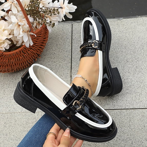 Patent Leather Color Block Loafers, Women's Patent Leather Chunky Heel Loafers Fashion Metal Buckle Comfort Round Toe Anti-Slip Lug Sole Platform Slip On Penny Loafers Work Dress Shoes, Black 5.5