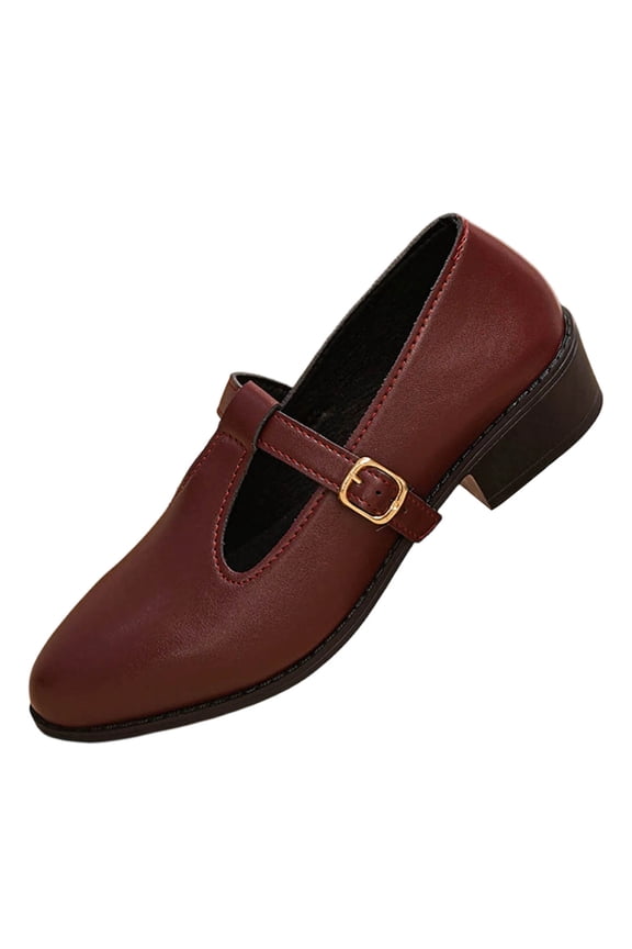 Wine Female Versatile T-Strap Footwear With Slight Platform And Comfortable Low Heel