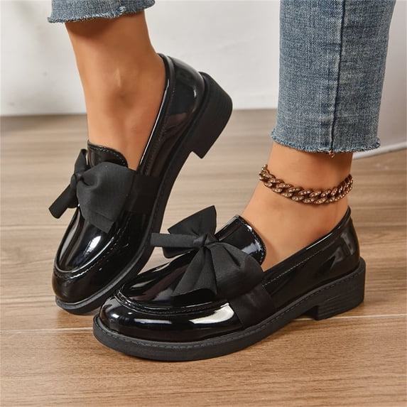 Patent Leather Shoes for Women, Flats Shoes Women, Leather Loafers for Women, Ladies Patent Leather Loafers With Bow, Slip-On Flat Shoes, Casual Comfort Footwear, Black 6