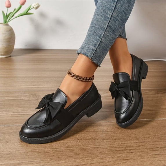 Patent Leather Shoes for Women, Flats Shoes Women, Leather Loafers for Women, Ladies Patent Leather Loafers With Bow, Slip-On Flat Shoes, Casual Comfort Footwear, Navy 9