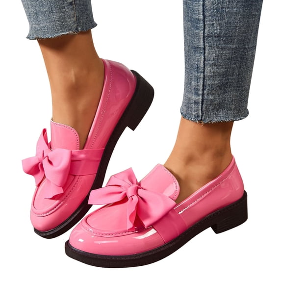Patent Leather Shoes for Women, Flats Shoes Women, Leather Loafers for Women, Ladies Patent Leather Loafers With Bow, Slip-On Flat Shoes, Casual Comfort Footwear, Pink 7.5