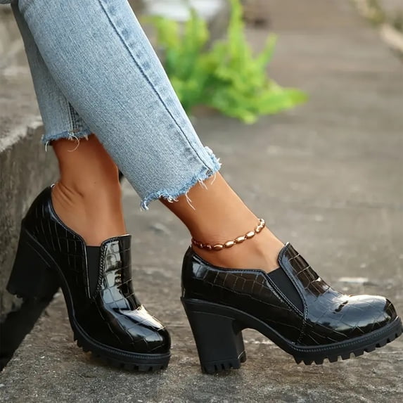 Patent Oxfords,Lace Up Block Heel Pumps,Pointed Toe Brogue Shoes,Women Patent Leather Lace Up Oxford Shoes Pointed Toe Chunky Block Heel Brogue Dress Pumps,Black 5