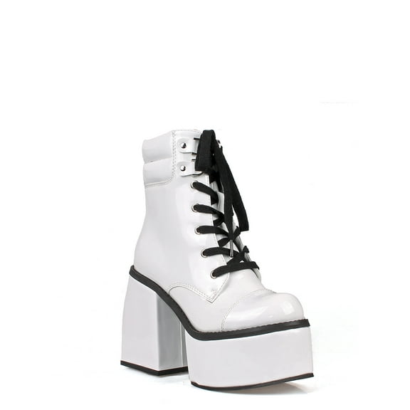 Patent Women's Lace Up Platform Block Heel Mid Calf Boots in White