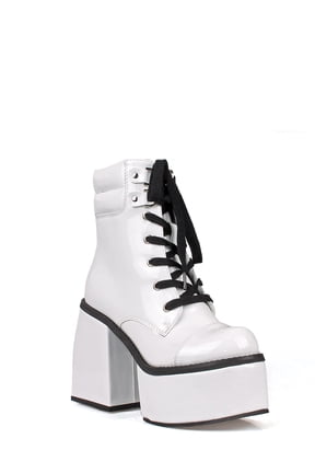 Patent Women's Lace Up Platform Block Heel Mid Calf Boots in White