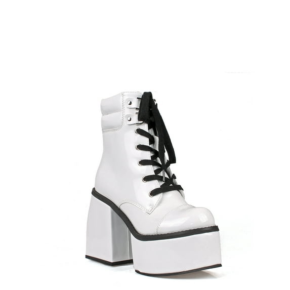 Patent Women's Lace Up Platform Block Heel Mid Calf Boots in White