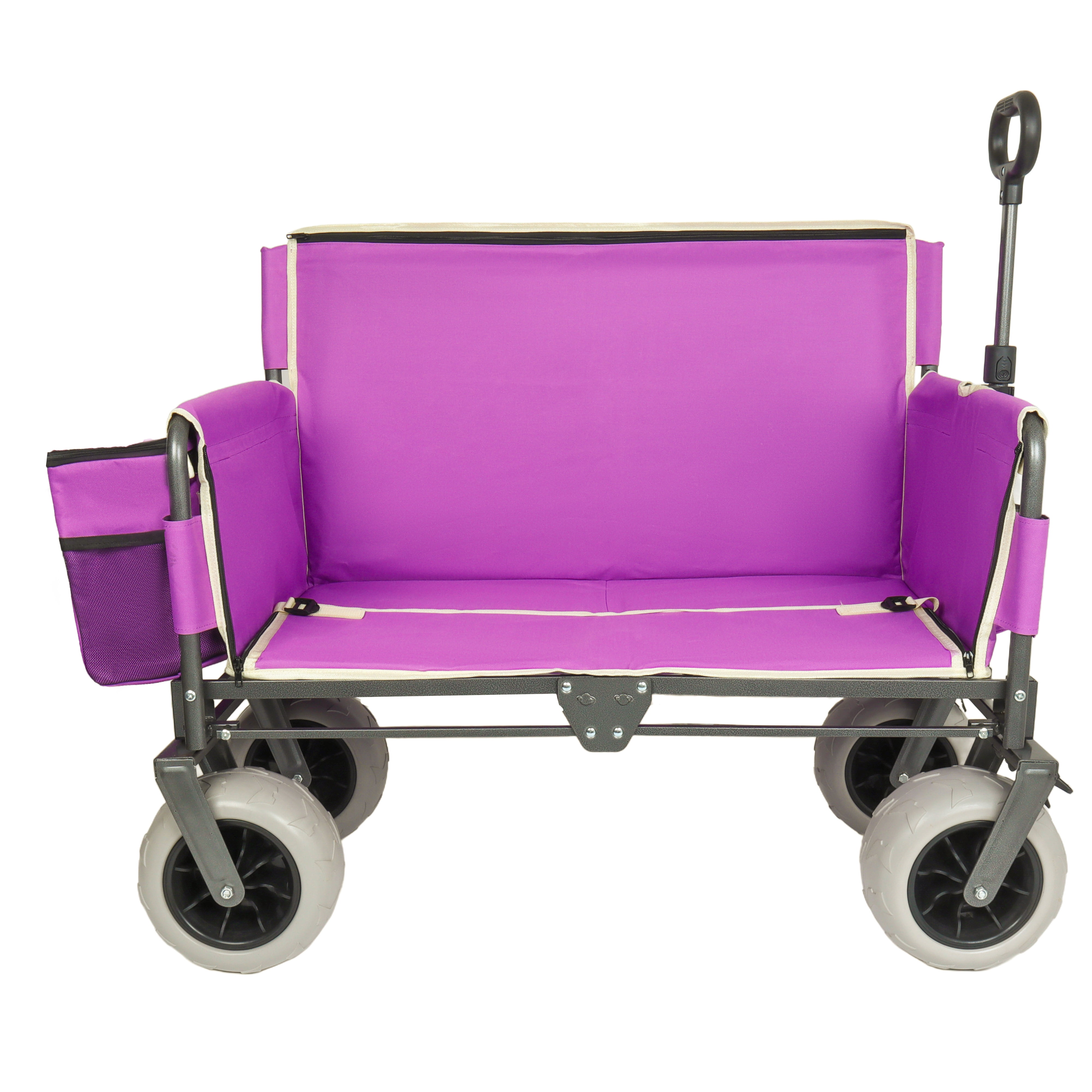 Patented 3‑in‑1 Heavy‑Duty Folding Wagon Cart with Bench Seat & Storage, 500lbs 180L All‑Terrain Utility Wagon with 1 Ice Pack, for Camping Beach Sports Garden Fishing, Purple