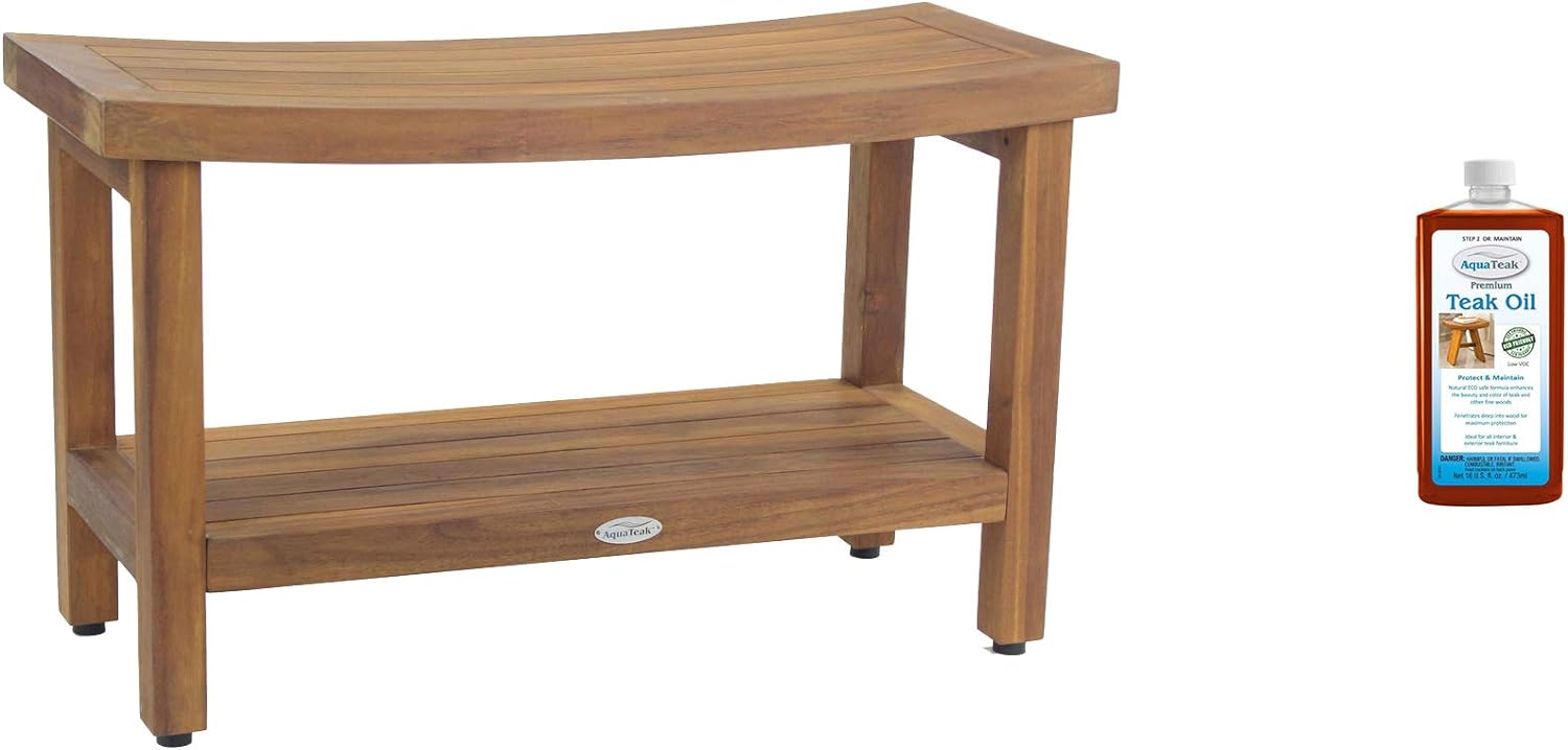 Patented 36" Teak Shower Bench With Shelf & Premium Teak Oil