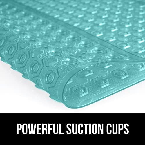 Patented Bath Tub Shower Mat, Machine Washable Bathtub Floor Liner Mats, Suction Cups and Drain Holes to Keep Tubs Clean, Soft on Feet, Bathroom Essentials, 35x16 Inch, Clear Turquoise