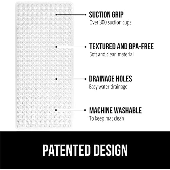 Patented Bath Tub Shower Mat, Machine Washable Bathtub Floor Liner Mats, Suction Cups and Drain Holes to Keep Tubs Clean, Soft on Feet, Bathroom Essentials, 35x16 Inch, Clear