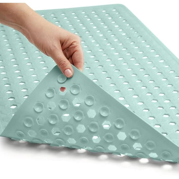 Patented Bath Tub Shower Mat, Machine Washable Bathtub Floor Liner Mats, Suction Cups and Drain Holes to Keep Tubs Clean, Soft on Feet, Bathroom Essentials, 35x16 Inch, Mint Opaque