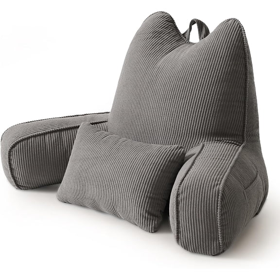 Patented Design Corduroy Reading Pillow with Arms, Ergonomic Bed Rest Pillow with Extra Lumbar Pillow for Sitting in Bed or Couch, Upper Back Support for Reading & Relaxing, Dark Grey
