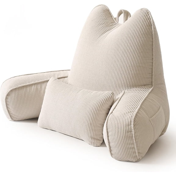 Patented Design Reading Pillow with Arms for Sitting Up, 2-in-1 Bed Rest Pillow with Detachable Lumbar Support, Backrest Support Cushion for Couch with Side Pockets & Handle, Beige Gray